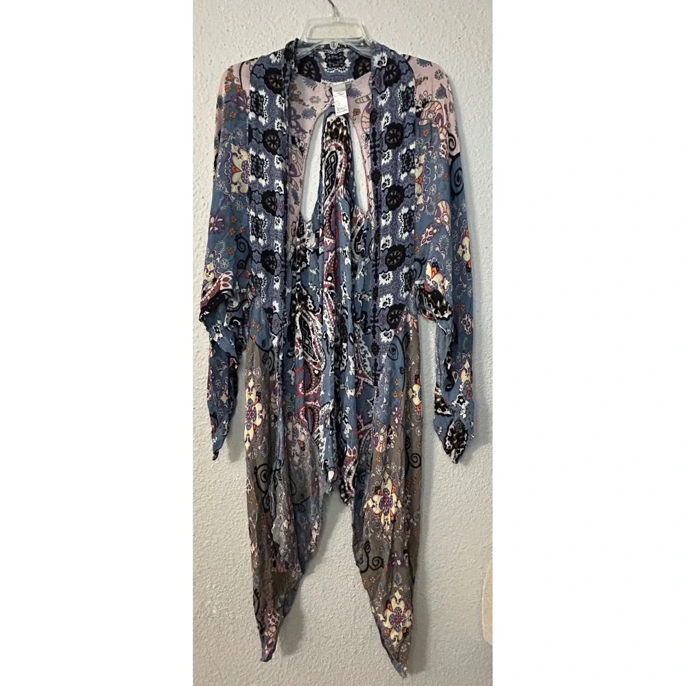 Free People Fall Tours Mixed Print Kimono Blue Paisley Keyhole Back OS